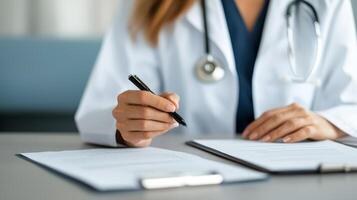 A healthcare professional in a white coat writing notes on a clipboard while seated at a desk, emphasizing the importance of patient care and medical documentation. photo