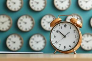 A classic alarm clock in front of a wall adorned with various clocks, symbolizing time management and punctuality. photo