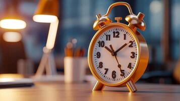 A vintage alarm clock on a desk, symbolizing time management and productivity in a modern workspace. photo