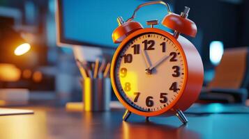 A classic alarm clock on a desk, symbolizing time management and productivity in a modern workspace. photo