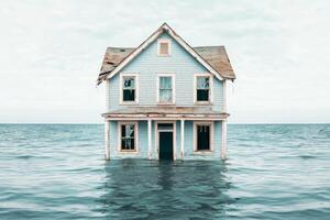 A vintage blue house partially submerged in calm water, symbolizing climate change, isolation, and environmental challenges. photo