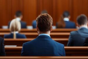 Professional people attending a meeting in a formal setting, focused on discussion and decision-making. photo