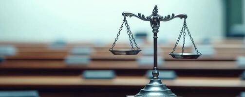 Symbol of justice scales balancing, courtroom background, legal representation and fairness. photo