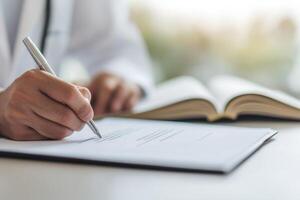 Close-up of a person writing notes with a pen on a paper document in a bright office environment. photo