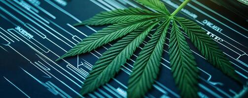 Green cannabis leaf on a blue background with technology designs, symbolizing the blend of nature and innovation. photo
