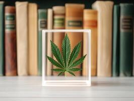 Pressed cannabis leaf in display case, surrounded by vintage books, emphasizing nature and botanical beauty. photo