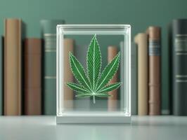 Glass display containing a detailed green cannabis leaf against a library backdrop. photo
