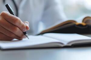Hand writing in a notebook with a pen, close-up on a professional setup. photo