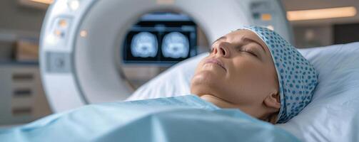 Patient resting on hospital bed during CT scan procedure, medical environment. photo