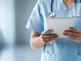Medical professional using tablet device in modern healthcare setting, focused and attentive. photo