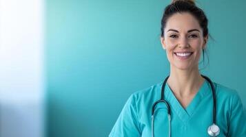 Smiling healthcare professional in teal scrubs with stethoscope against a soft background. photo