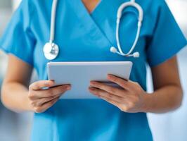 Healthcare professional using tablet in medical setting, wearing blue scrubs with a stethoscope. photo