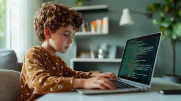 Child coding on laptop, indoor setting with modern decor, focused expression. photo