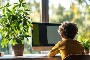 Child working on a computer surrounded by houseplants, natural light, cozy atmosphere. photo