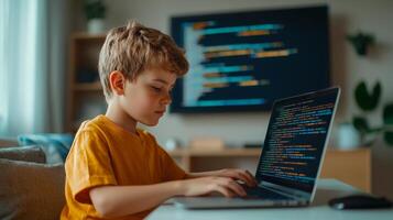 Young boy coding on a laptop at home, focused expression, modern workspace, coding screen in the background. photo