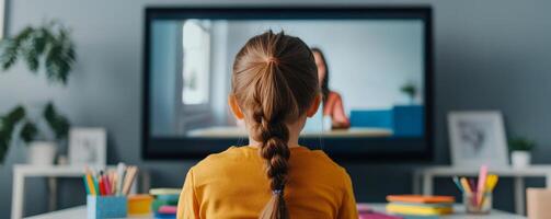 Child watching educational content on television at home, colorful workspace around, engaging learning experience. photo