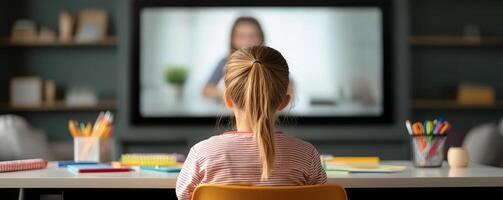 Child watching online lesson on TV, focused on education, creativity, and learning at home. photo