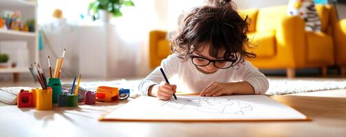 Child engaged in creative activity, drawing on paper in a cozy living room. photo