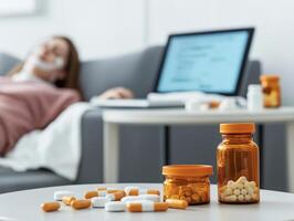 Close-up of medication bottles and pills, with a person resting on a couch in the background. photo