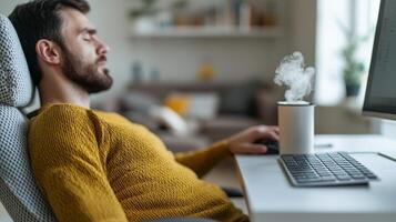 Man relaxing in sweater with coffee cup, steam rising, sitting at desk with computer in cozy indoor setting. photo