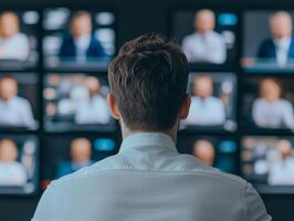 Person watching multiple screens displaying news and reports in a modern office environment. photo