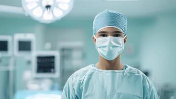 Surgeon in scrubs and mask, ready for surgery, sterile hospital environment. photo
