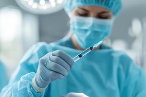 Medical professional holding a syringe in a surgical environment. photo