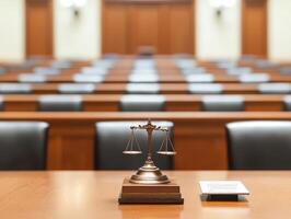 Scales of justice at a courtroom table with empty seats in the background. photo