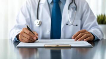 Doctor writing on document, white isolated background. photo