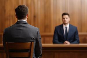 Two men in suits during a courtroom hearing, focused on testimony. photo