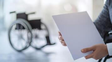 Person holding blank paper in foreground, wheelchair in background. photo