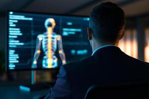 Man analyzing skeleton data on a computer screen in a modern lab. photo
