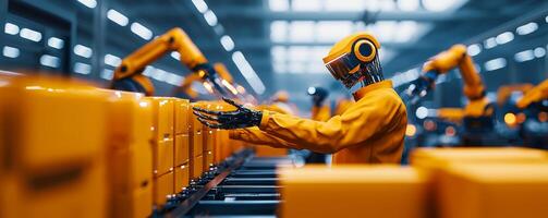 Industrial robot in yellow suit working on packaging line in modern factory setting. photo