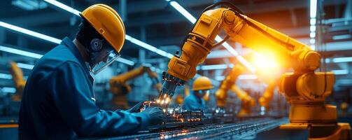 Worker operating robotic arm in modern manufacturing facility. photo