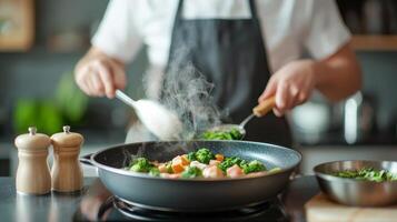 Chef cooking vegetables in a pan, steam rising, kitchen setting. photo