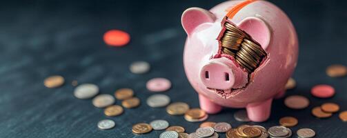 Piggy bank surrounded by coins on a dark surface, symbolizing saving and finance. photo