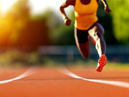Athlete sprinting on track, dynamic motion with focus and determination. photo