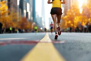 Runner in city during autumn, focused on fitness, motion blur, urban background. photo