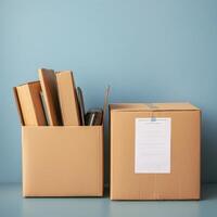 Boxes filled with various items against a soft blue background. photo
