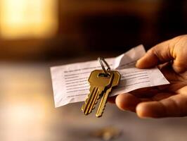 Keys on a hand with a note, soft lighting background. photo