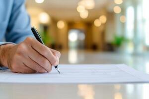 Businessman writing notes at the office with a pen on a document. photo