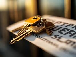 Close-up of golden keys on a card, isolated against a blurred background. photo