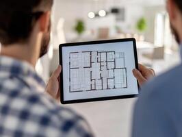 Two men discussing architectural plans on a tablet indoors. photo