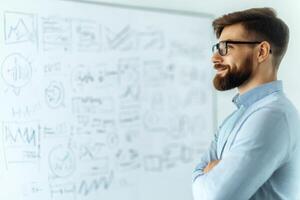 Businessman analyzing data on a whiteboard with charts and graphs. photo