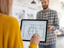 Person discussing architectural plans on a tablet in a modern office setting. photo