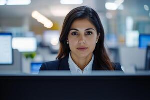 Focused businesswoman looking at computer screen in an office environment. photo