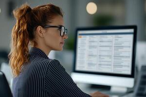 Focused woman working on a computer in a modern office environment. photo