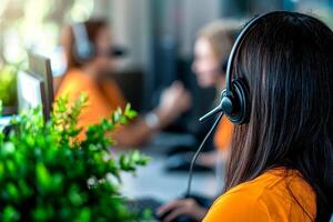 Call center worker in headset, focus on teamwork and communication, blurred background. photo