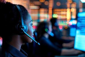 Focused professional in a headset at a busy control room, technology background. photo