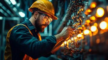 Electrician working on machinery in a factory with orange lights. photo